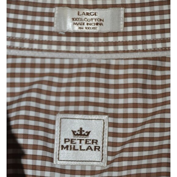 Peter Millar Men’s Nanoluxe Button Down Dress Shirt Brown Check Cotton Size L - Picture 6 of 7